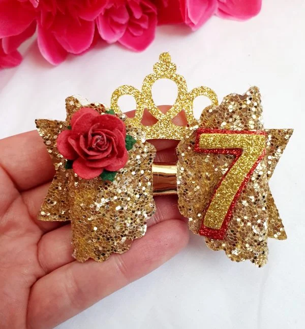 Birthday 7 gold red bow